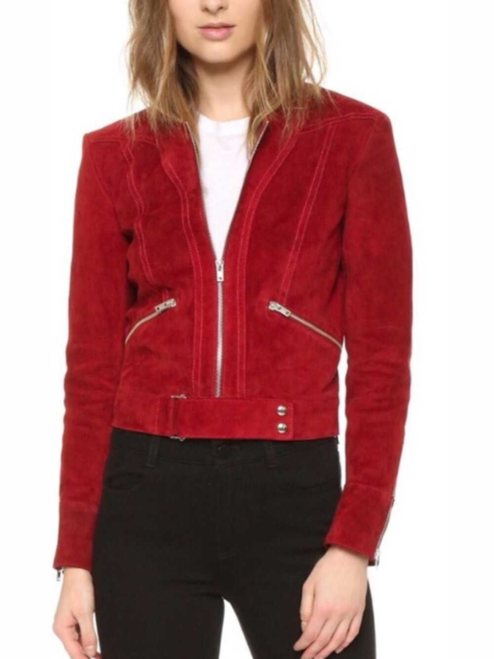 IRO Tatiana Red Suede Moto Jacket Size FR 40